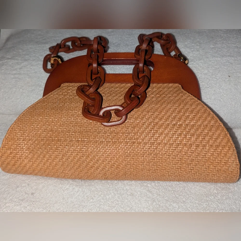 Michael Kors Collection  Tan and Brown Woven Clutch with Chain Accent - Picture 4 of 11